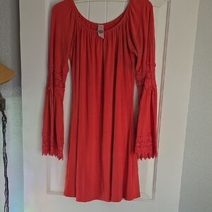 Chic Long Sleeve Coral Dress with Lace Details